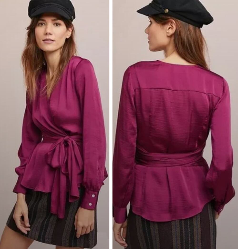 NEW Anthropologie Moulinette Soeurs Raspberry Brynn Satin Wrap Blouse Women US 4